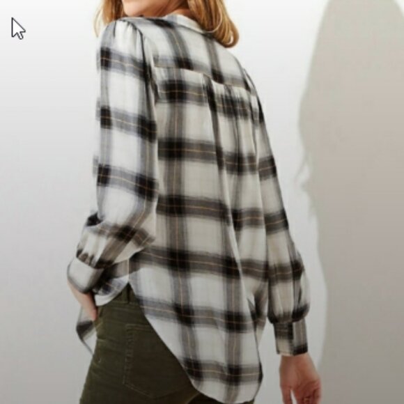 Ann Taylor LOFT Metallic Tartan Plaid Split V-Neck Tunic Shirt Black XL - Picture 2 of 4